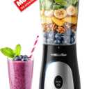 Mueller Smoothie Blender for Smoothies - Personal Blender for Shakes, Frozen Drinks, Baby Food & More, 15oz Travel Cup and Lid, Durable Stainless Steel Blades for Powerful Blending Performance, Black
