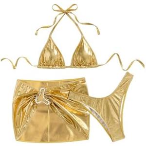 SOLY HUX Women's 3 Piece Swimsuit Metallic Halter Triangle Bikini Set Bathing Suit with Cover Up Beach Skirt, Size M