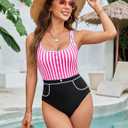 BMJL Womens Tummy Control Swimsuits Retro Vintage One Piece Bathing Suits Slimming Color Block Stripes Swimwear (Medium)
