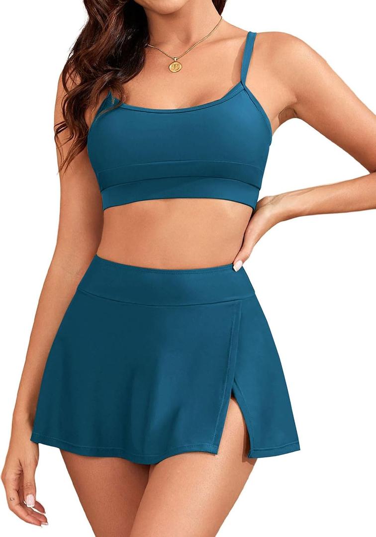 ZAFUL Women High Waisted Bikini Sets Modest Two Piece Swimsuit Sporty Push Up Bathing Suit with Swim Skirts Swimwear L