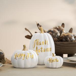 DN DECONATION 3Pcs Fall Pumpkin Decorations for Home, Faux White and Gold Words Pumpkin, Decorative Resin Pumpkins Figurines for Minimalist Modern Farmhouse Autumn Thanksgiving Fall Table Mantel Decor