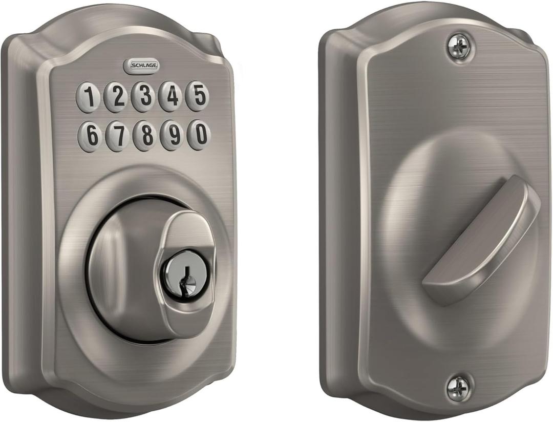 Schlage Camelot Electronic Keypad Deadbolt Lock, Keyless Front Door Entry, Mechanical Key Backup Included, Satin Nickel, BE365 V CAM 619