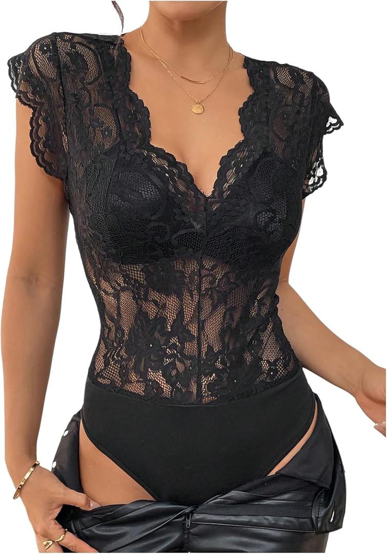 MakeMeChic Women's Lace Bodysuit Date Night Romper Deep V Neck Lace Tops Bodysuit (Medium)