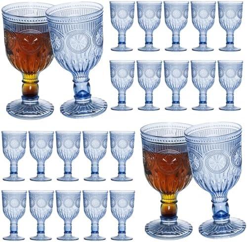 24 Pack Vintage Wine Glasses, Plastic Reusable 12 Ounce Colored Water Goblets, Unique Flower Embossed Pattern Unbreakable Stemmed Wine Glasses High Clear Wedding Party Bar Drinking Cups Blue