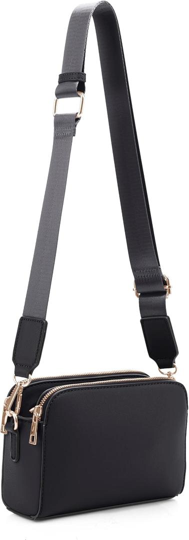 EVVE Crossbody Bags for Women Trendy Triple Zip Small Crossbody Camera Bag Purse with Wide Guitar Strap (Black)