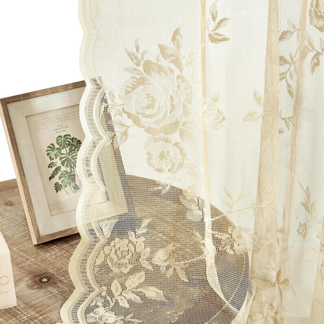 Beige Lace Curtains 45 Inch Length Country Floral Curtains for Living Room Bedroom Victorian Flower Sheer Curtain 2 Panels Set Rod Pocket Light Filtering Short Small Window Drapes Rustic Decor, 52x45