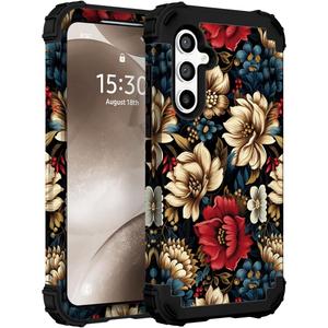 for Galaxy S24 Case,3 in 1 Floral Pattern Heavy Duty Shockproof Soft Silicone Rubber Bumper+Hard Plastic Hybrid Protective Cover for Samsung Galaxy S24 6.2",Black Flower