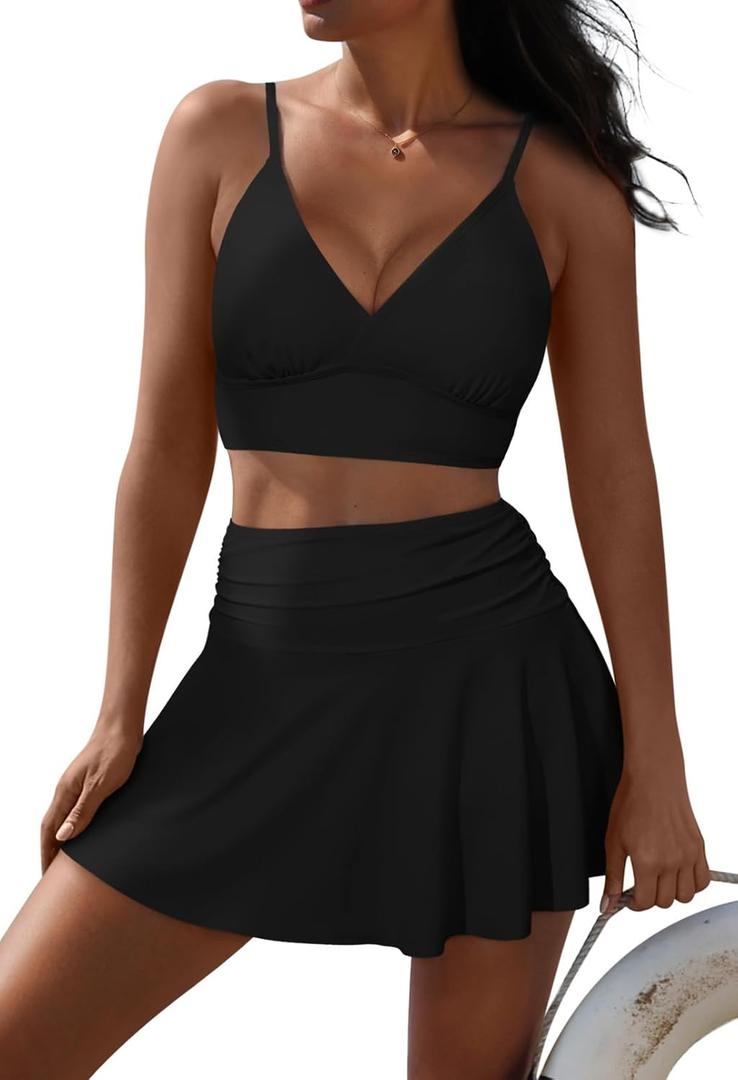 Pink Queen Women's High Waisted Bikini Set Two Piece Swimsuit V Neck Spaghetti Straps Swim Skirt Bathing Suit (Large, Black)