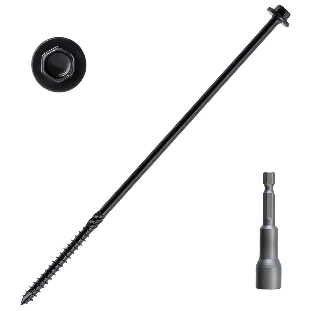 LIONMAX Structural Wood Lag Screws 12 Inch, 60-PCS, #14 X 12, Heavy Duty Rust Resistant Hex Head Exterior Timber Screw for Log/Landscape, Hex Socket Included, Black