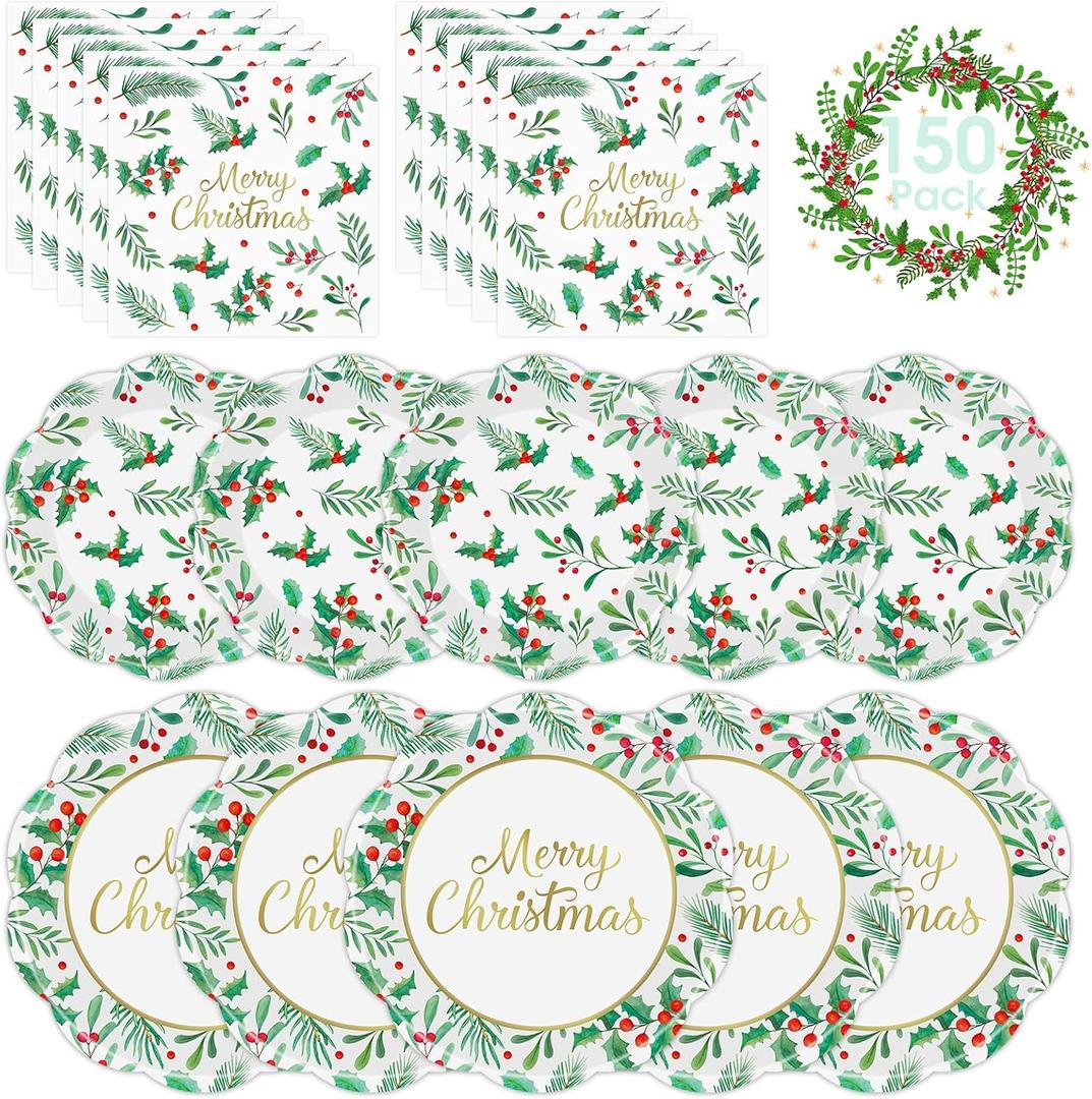150 Pcs Merry Christmas Plates and Napkins - Disposable Christmas Paper Plates and Napkins, Holly Leaves Red Berries Tableware Sets for Winter Xmas Party Table Decorations Supplies Favors, Serve 50