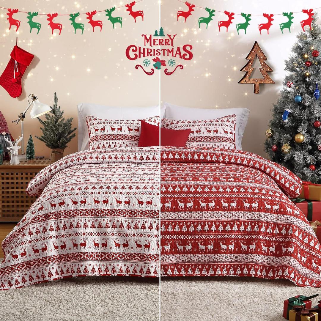 CAROMIO Christmas Quilt Set King Size - Boho Reversible Bedspread Coverlet Set with Christmas Tree Reindeer Snowflakes Printed Pattern, Soft Lightweight Bohemian Quilt Bedding Cover Set King (King (104"x96"), White&red)