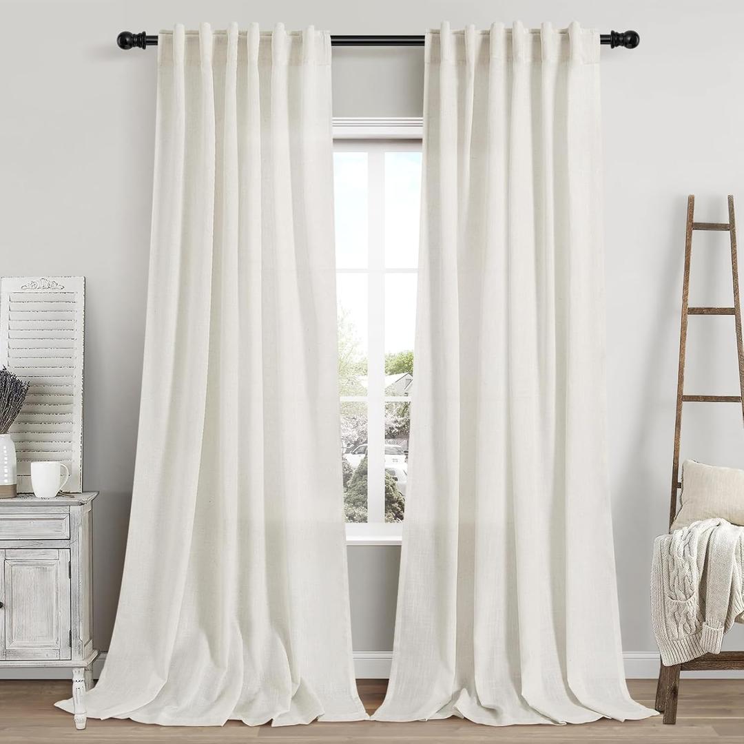 Cream Linen Curtains 96 Inches Long 2 Panels Set Back Tab Rod Pocket Semi Sheer Light Filtering Window Curtain Drapes Neutral Boho Aesthetic Long Curtains for Living Room Bedroom Decor 42x96 (Natural)
