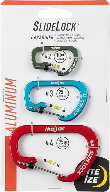 Nite IZE Slidelock Aluminum Locking Carabiner - Keychain Carabiner with Locking Gate - Carabiner Clip for Keys, Camping Accessories, & More - Assorted Sizes, Assorted Colors (2 Pack)