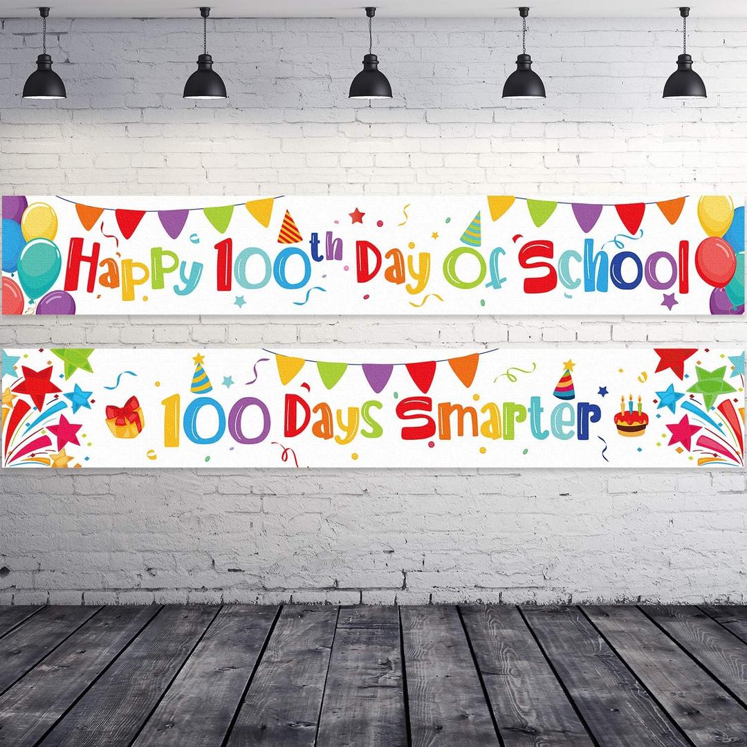2 Pieces Happy 100th Day of School Banner 100 Days Smarter Banner Inspirational Posters Hooray with 40 Pieces Adhesive Glue Point Dots for Students Classroom Decorations