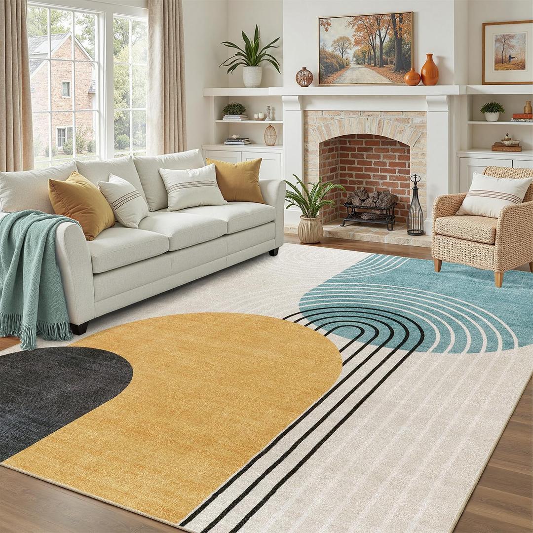 DCX Abstract Machine Washable 5x7 Rug, Mid Century Modern Rug for Living Room, Soft Low Pile Non Slip Carpet, Kid & Pet Friendly Stain Resistant Rug for Bedroom Dining Room Office, Blue & Yellow