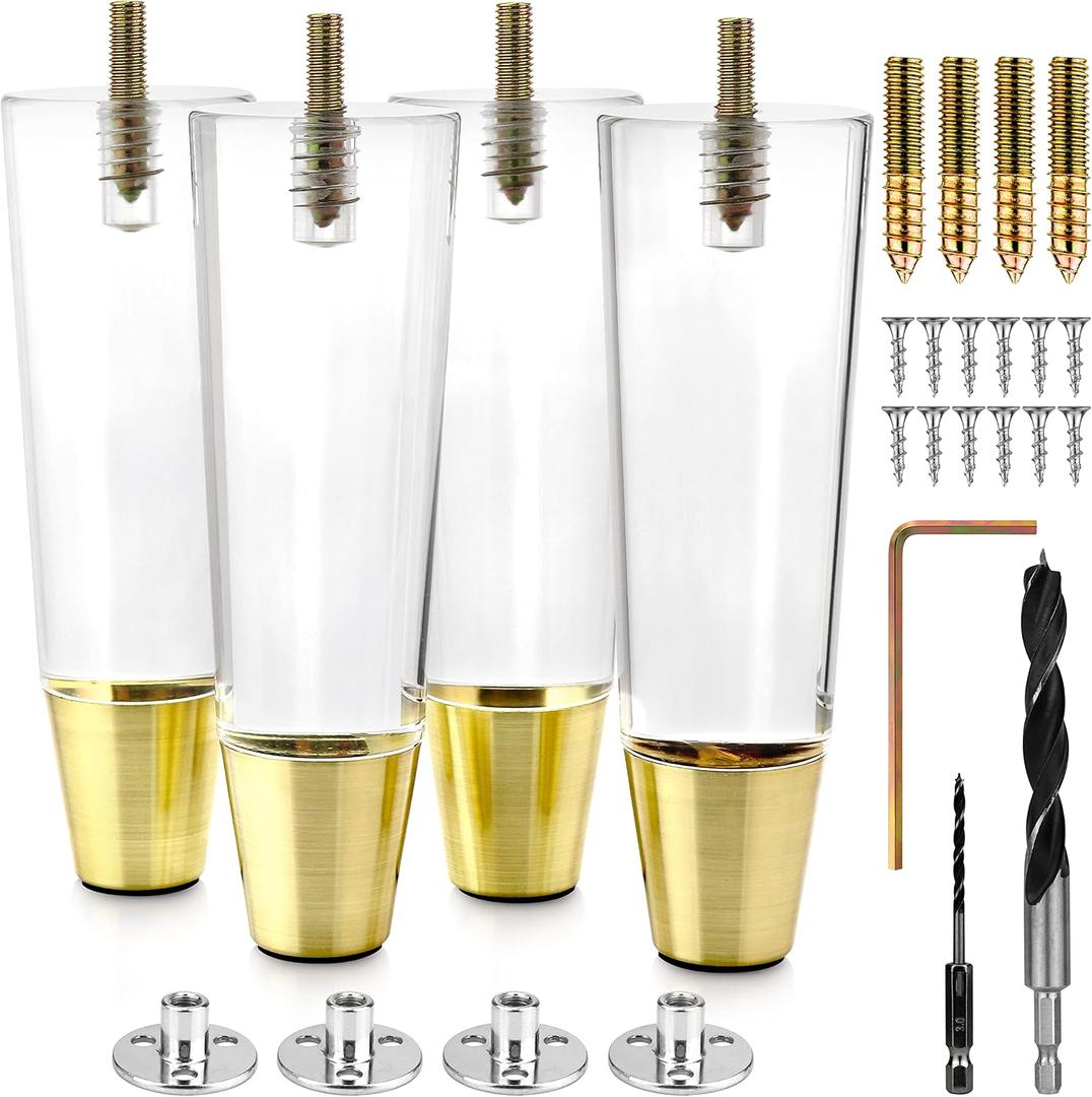 Acrylic Furniture Legs With Gold Caps - Mid Century Legs For Couch, Sofa, Chair, Table, Dresser, Bed, Cabinet - Furniture Feet Are Easy To Install & Include Installation Hardware - Set of 4, 6 Inches