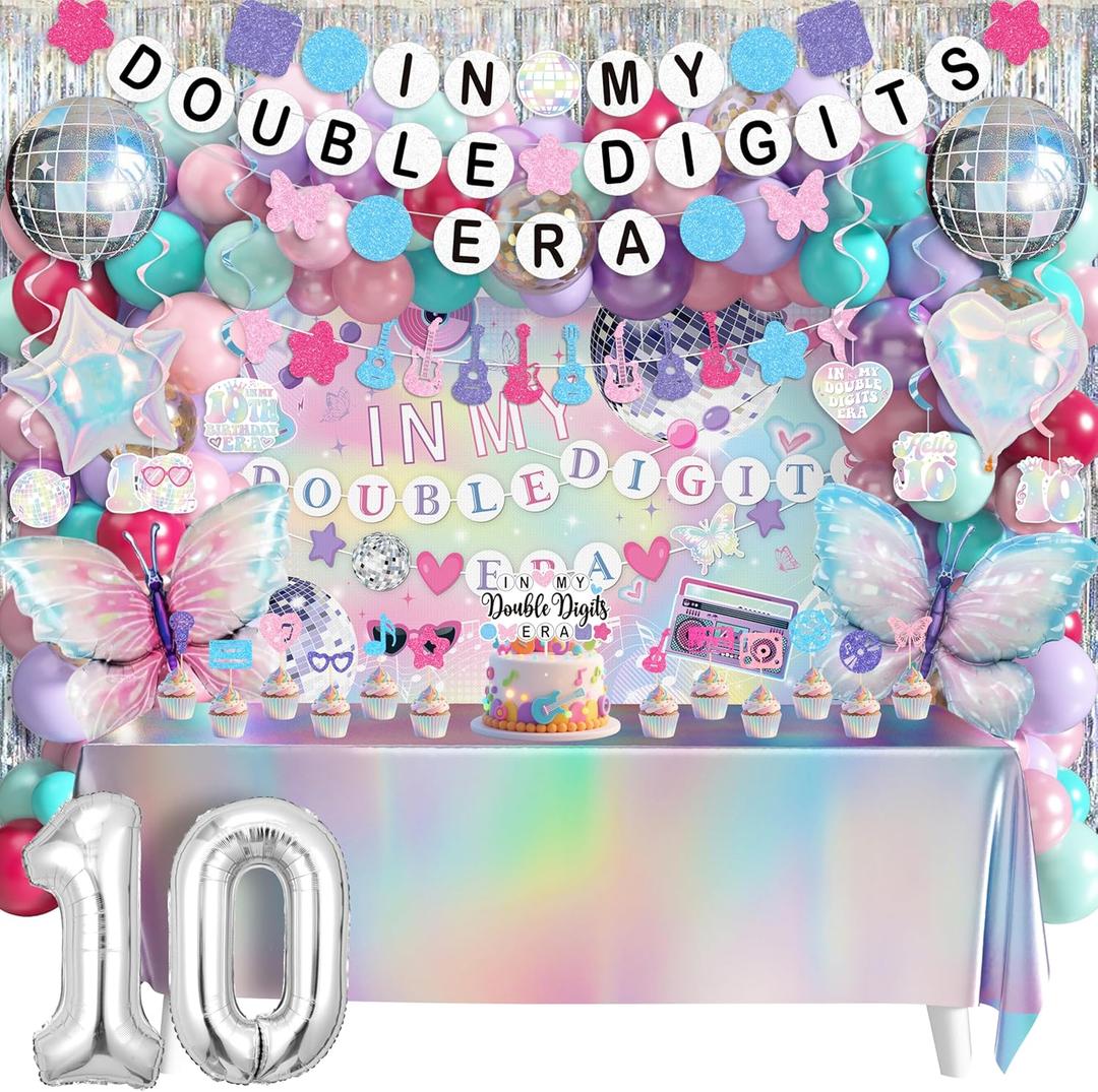 10th Birthday Decorations for Girls, Double Digits Birthday Girl Party Decor, In My Double Digits Era Party Supplies with Pink Purple Balloon Arch Friendship Bracelet Banner Backdrop Hanging Swirls