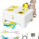 Cat Toys, Interactive Cat Toys, 2-in-1 Moving Concealed Feathers, 4 Holes Mice Whack A Mole Cat Kitten Toy Exercise Toys for Indoor Bored Adult Cats, USB Rechargeable Electronic Kitten Toys (White)