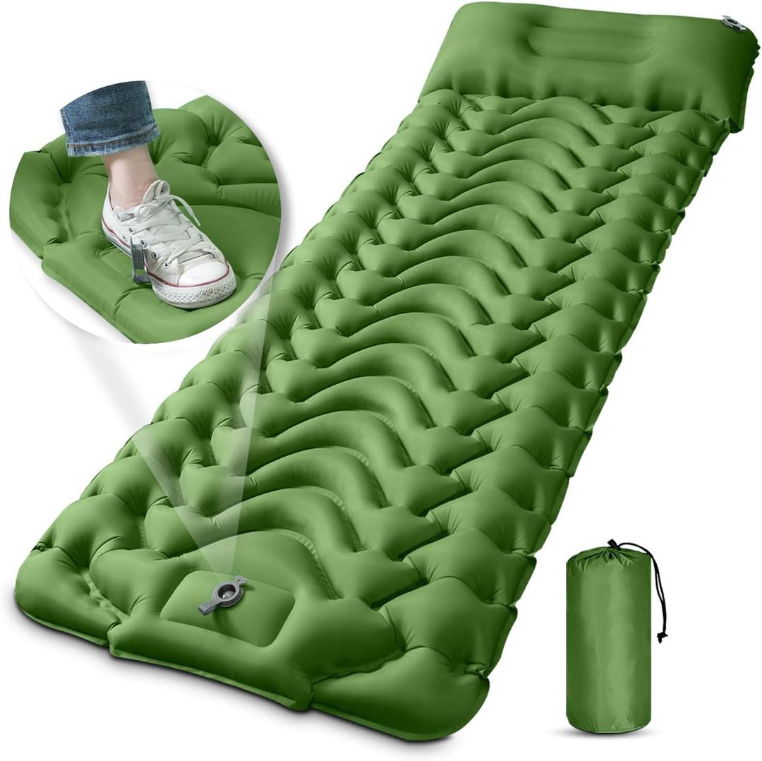 MEETPEAK Camping Sleeping Pad with Pillow, Upgraded 4 Inch Thickness Inflatable Foot Press Camping Mat, Durable Waterproof Lightweight Sleeping Air Mattress for Hiking Backpacking Traveling (Olive Green)