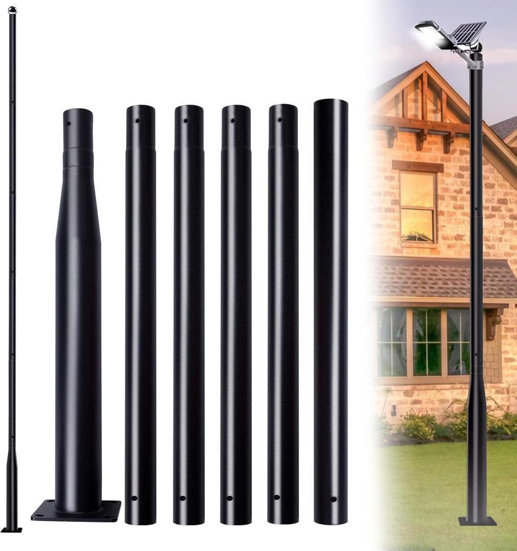 20Ft Tall Street Light Pole for Outside, Galvanized Steel Solar Street Lamp Post Perfect for Outdoor Lights Exterior Backyard Camera Porch Parking Lot with Mounting Rebar Cage(Black)