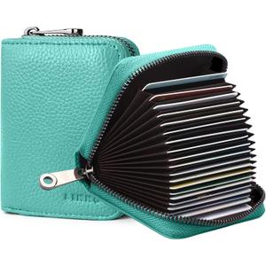 Linno RFID 20 Slots Credit Card Holder Genuine Leather Small Wallet for Women or Men with Zipper