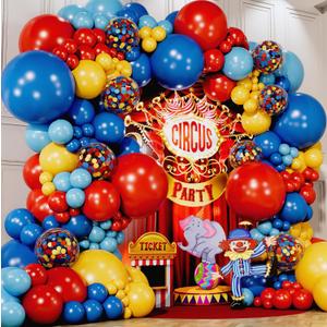ALL-IN-1 Circus Balloons Arch Kit & Garland for Carnival Party Decorations Theme  Primary Color Balloons in Red Blue Yellow & Rainbow Confetti  Baby Shower Circus Birthday Party Supplies