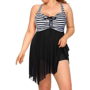 Daci Plus Size Two Piece Swim Dress with Shorts for Women Mesh Swimsuits Flowy Bathing Suits (XXL, Black and Striped) Daci Plus Size Two Piece Swim Dress with Shorts for Women Mesh Swimsuits Flowy Bathing Suits (XXL, Black and Striped)