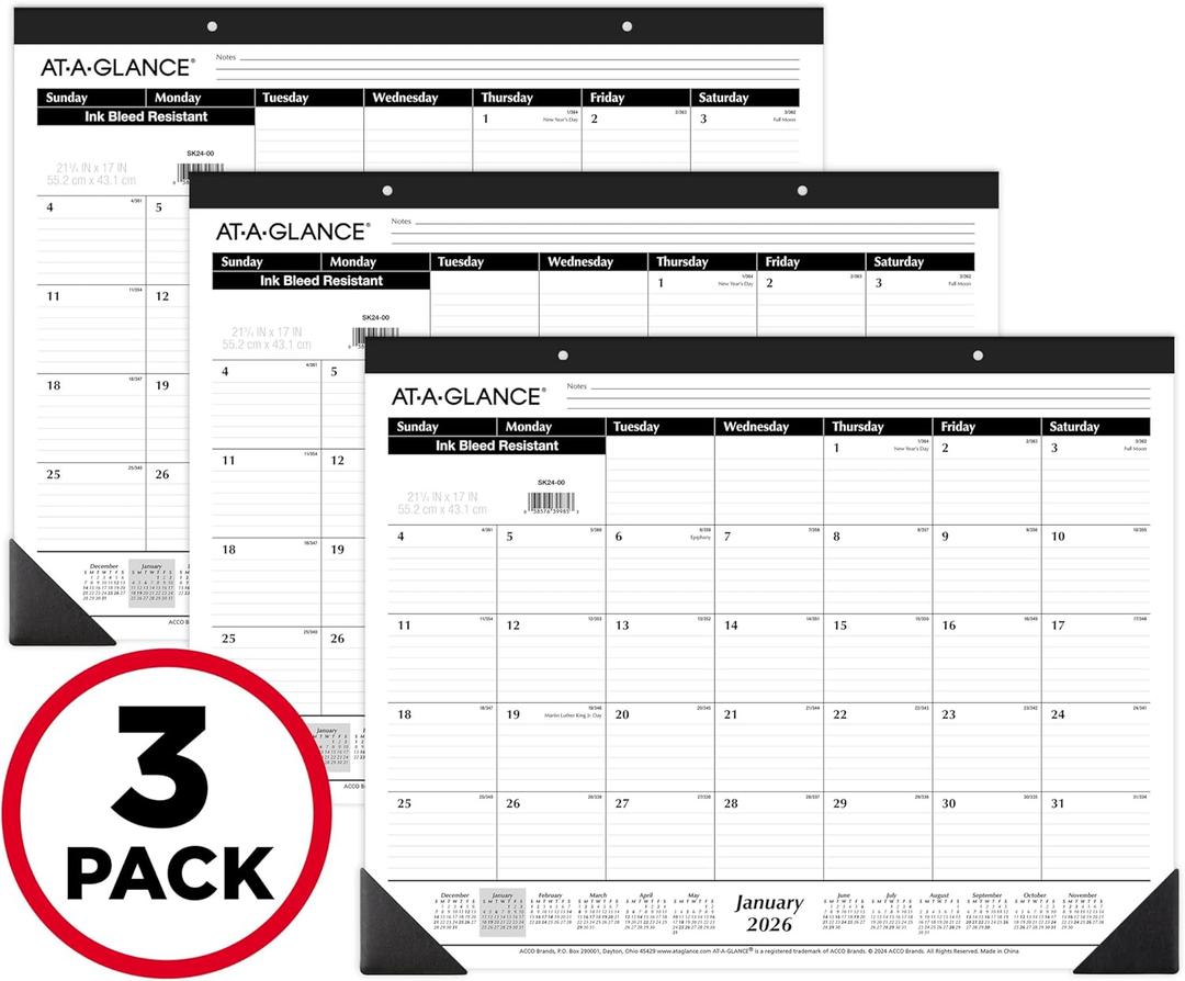 AT-A-GLANCE 2026 Desk Calendar, Desk Pad, Monthly, 21-3/4" x 17", Large, Ruled Blocks, 3 Pack (AZSK240026)