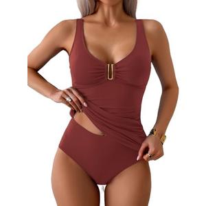 Aidonger Women's Tummy Control Tankini Set Swimsuit High Waisted Two Piece Bathing Suit V Neck Swimwear size L