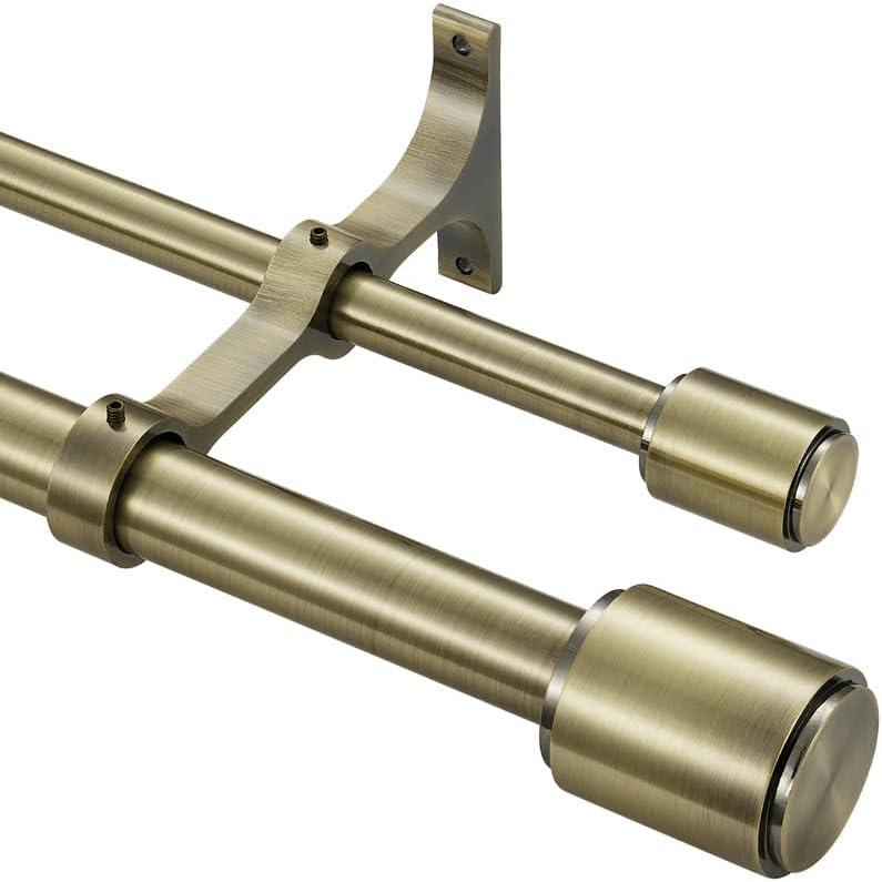 Antique Bronze Double Curtain Rods, Double Drapery Rod 36-72 Inch, Double Curtain Rods with Cap Finials, Adjustable 1 Inch Front and 5/8 Inch Back Dual Curtain Rod, Antique Bronze Double Window Rods