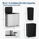 Dual Kitchen Trash Can 13.2 + 5.2 gal (50+20L) Stainless Steel Trash Cans with Soft Close Lid Large Double Garbage and Recycling Bin with 2 Removable Inner Buckets Step-on Metal Garbage Cans Silver