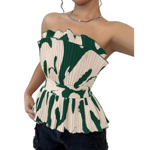 SweatyRocks Women's Ruffle Sleeveless Blouse Color Block Tube Tops Strapless Pleated Tops, Medium