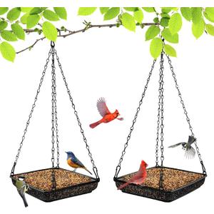 MIXXIDEA Hanging Bird Feeder Tray Metal Mesh Platform Seed Feeder with Durable Chains for Outdoors Garden Great for Attracting Birds (2 Pack)