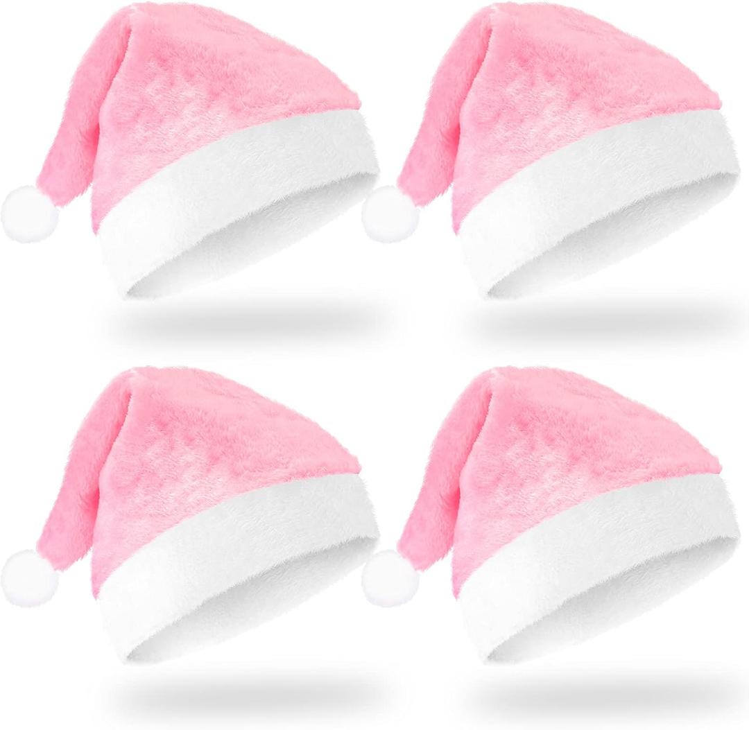 Zhanmai 4 Pieces Christmas Santa Hats Short Plush Xmas Santa Claus Cap Comfort Christmas Accessories for Women Men (Pink)