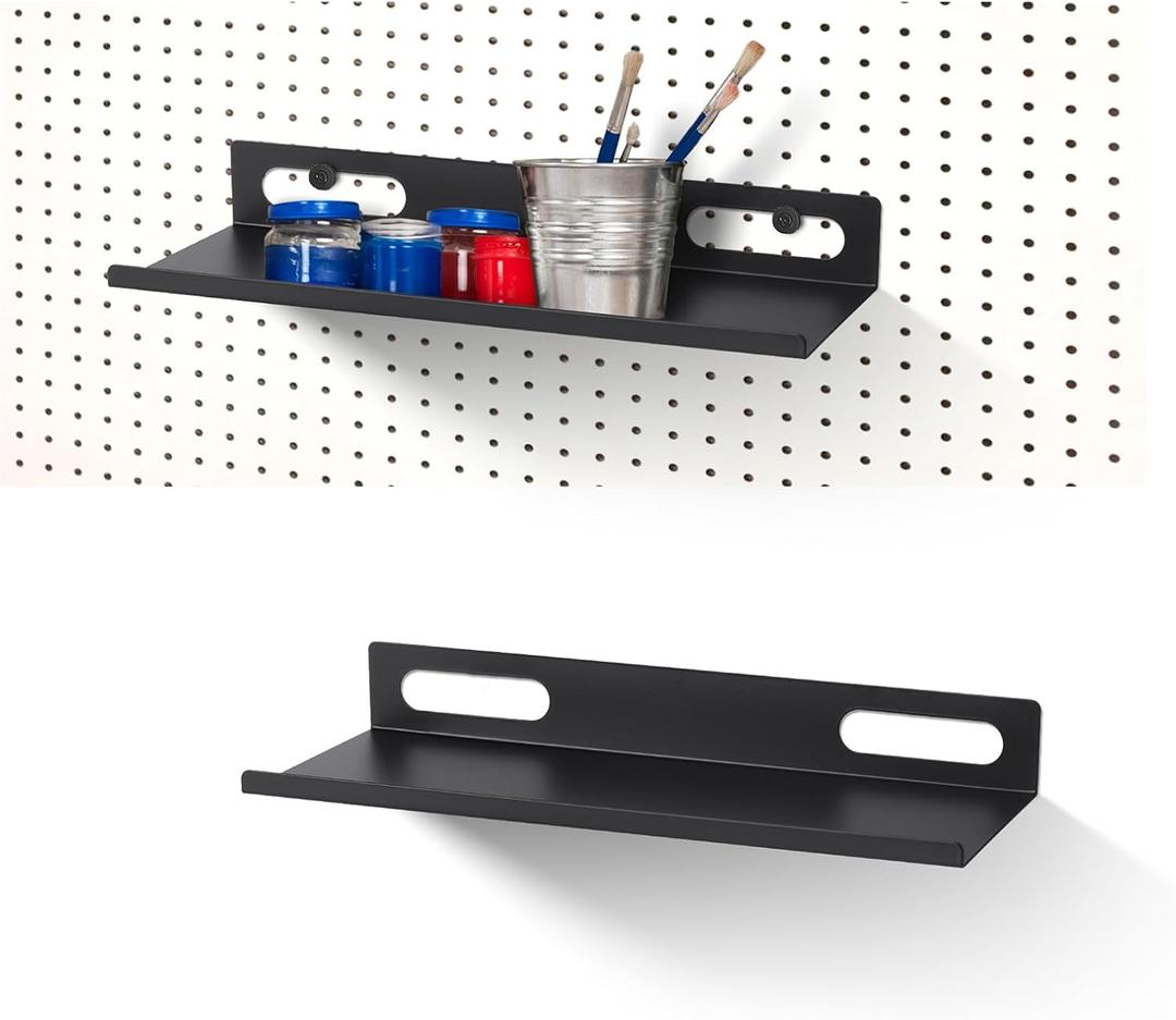 Metal Pegboard Shelf Set - 2Pack 11.7" Peg Board Shelving Racks Black Accessories Display Trays Tool Tiered Shelves for Office Craft Garage Kitchen Bathroom Pegboard Organization System (Medium)