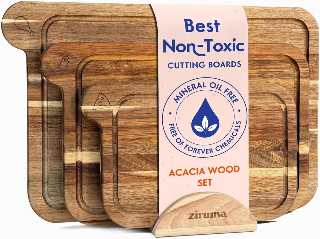 Ziruma Non Toxic Cutting Boards with Holder - Cutting Board Set Free of Mineral Oil, Made of FSC Acacia Wood - Cutting Boards for Kitchen - Includes 3 Chopping Boards + Holder