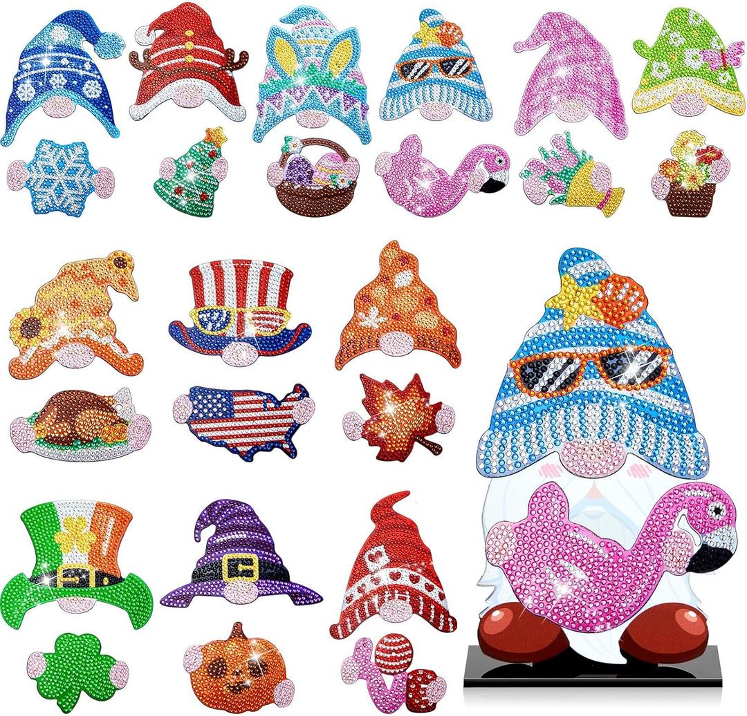 Menkxi 24 Pcs Magnetic Diamond Painting Gnome Diamond Art Interchangeable Stand Decor DIY Holiday Seasonal Tiered Tray Decoration with Magnet Pieces Detachable for Office Home Summer Decorations