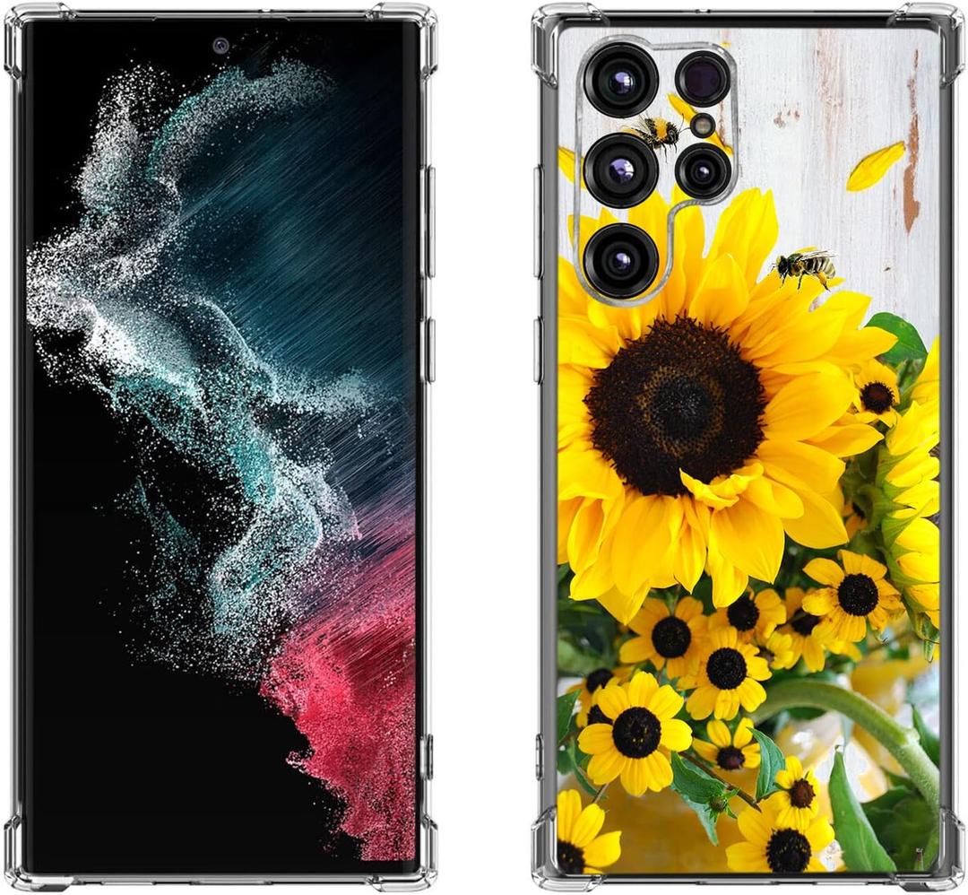 Galaxy S22 Ultra Case, Sunflower Bee Drop Protection Shockproof Case TPU Full Body Protective Scratch-Resistant Cover for Samsung Galaxy S22 Ultra 5G
