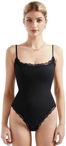 SUUKSESS Women Square Neck Lace Bodysuit Double Lined Sleeveless Spaghetti Strap Tank Top (Black, S)