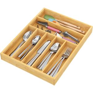 BAMEOS Bamboo Silverware Drawer Organizers, 11.9 inch Utensil Drawer Organizer for Kitchen Drawers, 7 Slots Total Large Flatware Organizer for Knives Cutlery Spoons Forks (Natural) (2''H 16x12)