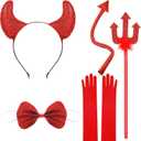 Syhood 5 Pcs Halloween Devil Costume Accessories Devil Horn Headband, Pitchfork, Tail, Bow Tie and Long Gloves Cosplay Costume Set for Women Men Halloween Carnival Party Prop Supplies