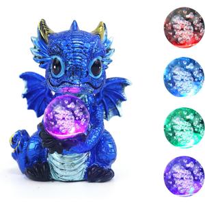 Dragon Statue Resin Dragon Figurine with Colorful Lights Crystal Ball Light Home Living Room Desk Office Festival Decorations (Blue)