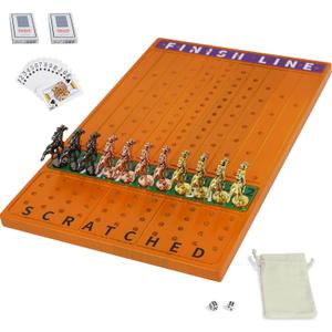 Horse Race Board Game Racing Game Thickened Solid Wood with 11 Luxurious Durable Classic Metal Horses with 4 Dice and 2 Boxes of Cards Horse Racing Game (Red Peach, Rectangle
