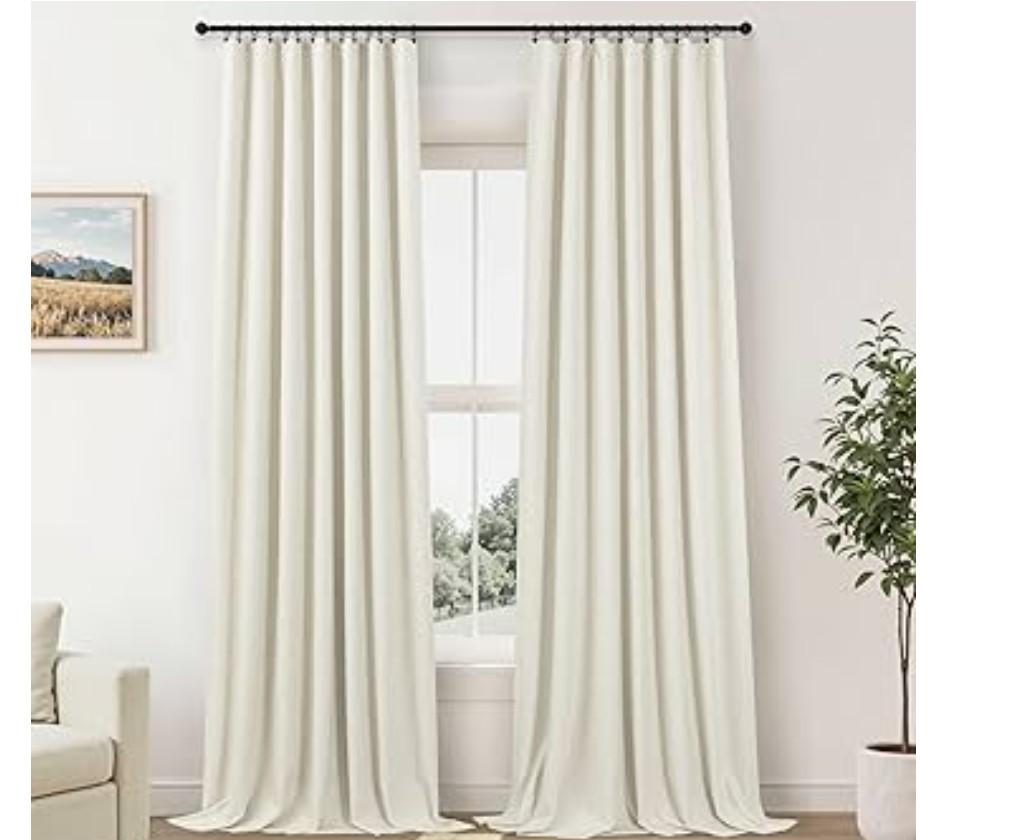 Custom Made Curtains 86 Inches Long for Bedroom 2 Panels Set Unique Faux Linen Blackout Curtain for 84-88 Inch Tall Window Black Out Drapes Living Room Modern Farmhouse Back Tab Rod Pocket Cream Ivory