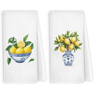 Chinoiserie Summer Lemon Kitchen Dish Towels 16x24 Inch, Blue and White Ginger Jar Gifts for Women, Aesthetic Lemon Seasonal Holiday Decorative Hand Towel Tea Towels for Cooking Baking Bathroom (Diningroom-21)