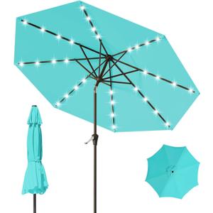 9FT Patio Umbrella with Solar Lights,Outdoor Market Umbrella with Tilt and Crank, LED Lighted Table Umbrella for Garden,Deck,Backyard,Pool,Beach (Peacock Blue)