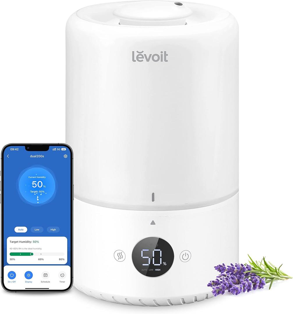 LEVOIT Smart Cool Mist Top Fill Humidifiers for Bedroom with Sensor, Auto Humidity Setting, APP & Voice Control, Essential Oil Diffuser, Ultra Quiet Operation, Super Easy Top Fill, 3L, White