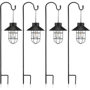Retisee 4 Pcs Hanging Solar Light 31" Outdoor Solar Lamp Lanterns with Dual Use Shepherd Hook Waterproof Pathway Hanging Lights Metal Garden Lantern for Path Patio Yard Lawn Driveway Markers (Black)