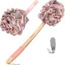 Loofah Back Scrubber for Shower | Bamboo Charcoal Fiber Infused | Loufas for Men & Women | Includes 1 Long Handled Shower Sponge, 1 Bath & Shower Luffa Pouf & 1 Hook to Hang Stuff (Rose Pink)