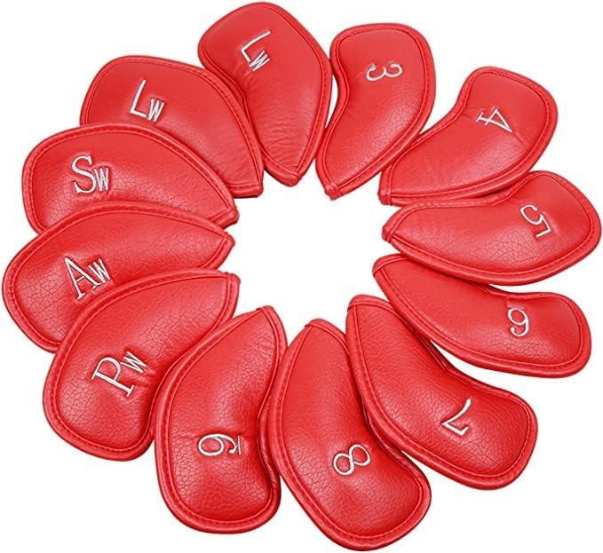 Premium Vegan Leather Iron & Wedge Head Covers - Golf Club Head Covers - Set of 12 - Fit Most Irons - RED
